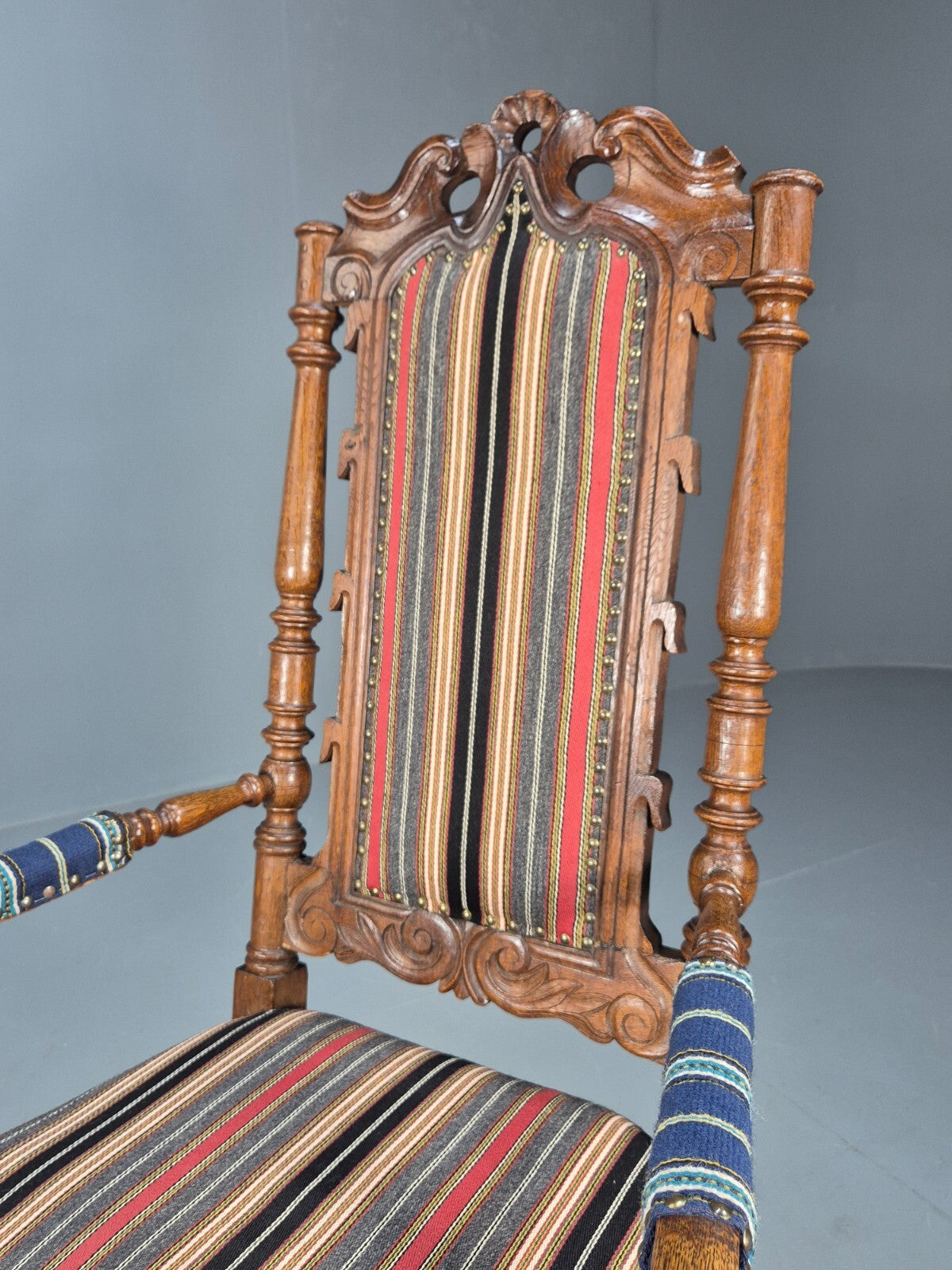 Vintage Danish Antique Armchair Early C20th Oak Frame Striped Wool EB8915 VCAR - UKDK FURNITURE