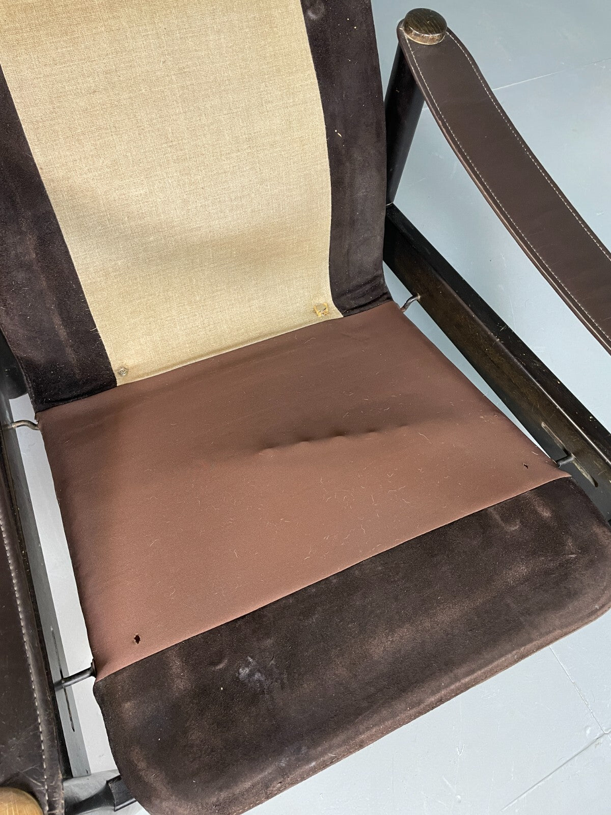 Vintage Danish Lounge Chair Brown Leather Sling Arms Retro MCM EB6867 MNOR11