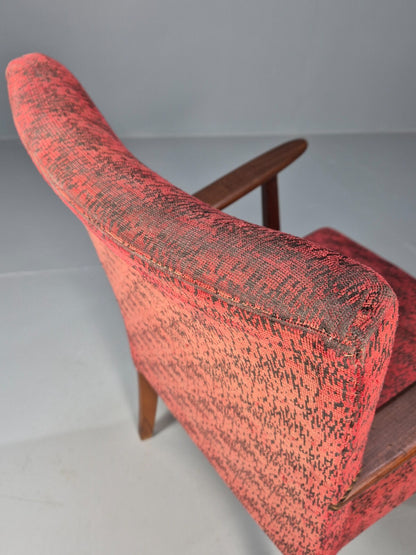 Mid Century Danish Armchair Teak Wood Red Pattern Fabric Vintage 60s EB9598 MNOR - UKDK FURNITURE