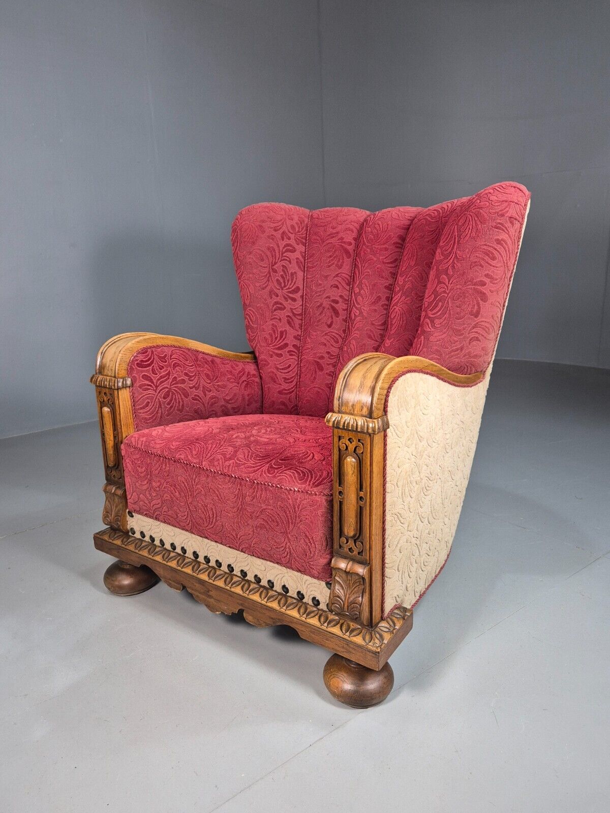 Vintage Danish Lounge Chair Red Moquette Oak Shell Back Antique 1930 EB8280 VCLO - UKDK FURNITURE
