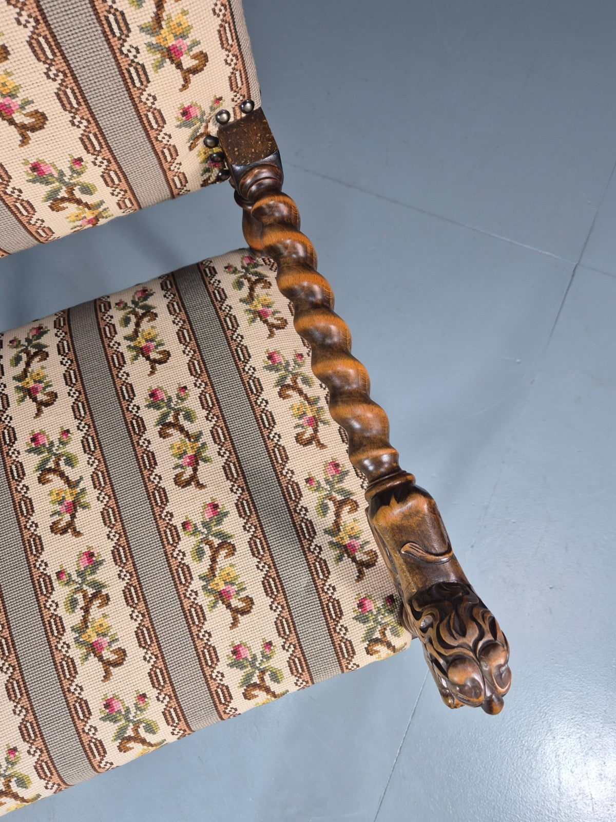 17th Century Style Carved Chair Lions Arms Barley Twist Frame 1960 EB10774 VCAR15