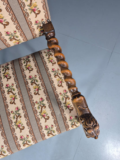 17th Century Style Carved Chair Lions Arms Barley Twist Frame 1960 EB10774 VCAR15