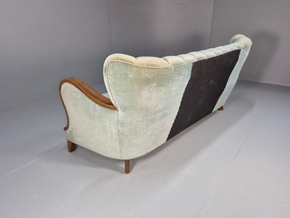 Vintage Danish Art Deco Sofa Blue Velvet Velour Oak Frame Shell Back EB9591 V3SS - UKDK FURNITURE