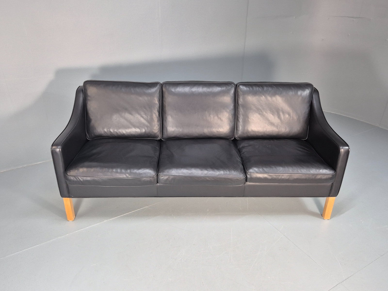 Vintage Hurup Danish 3 Seat Black Leather Sofa Mogensen 1980s Retro EB9966 M3SS3