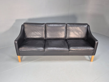 Vintage Hurup Danish 3 Seat Black Leather Sofa Mogensen 1980s Retro EB9966 M3SS3