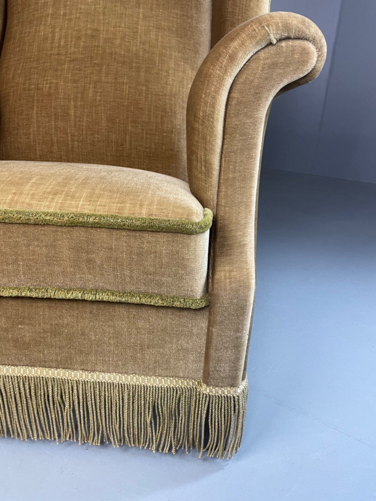 Vintage Danish Wingback Armchair Olive Green Tassel Trim 1950s 1960s VCLO EB489417