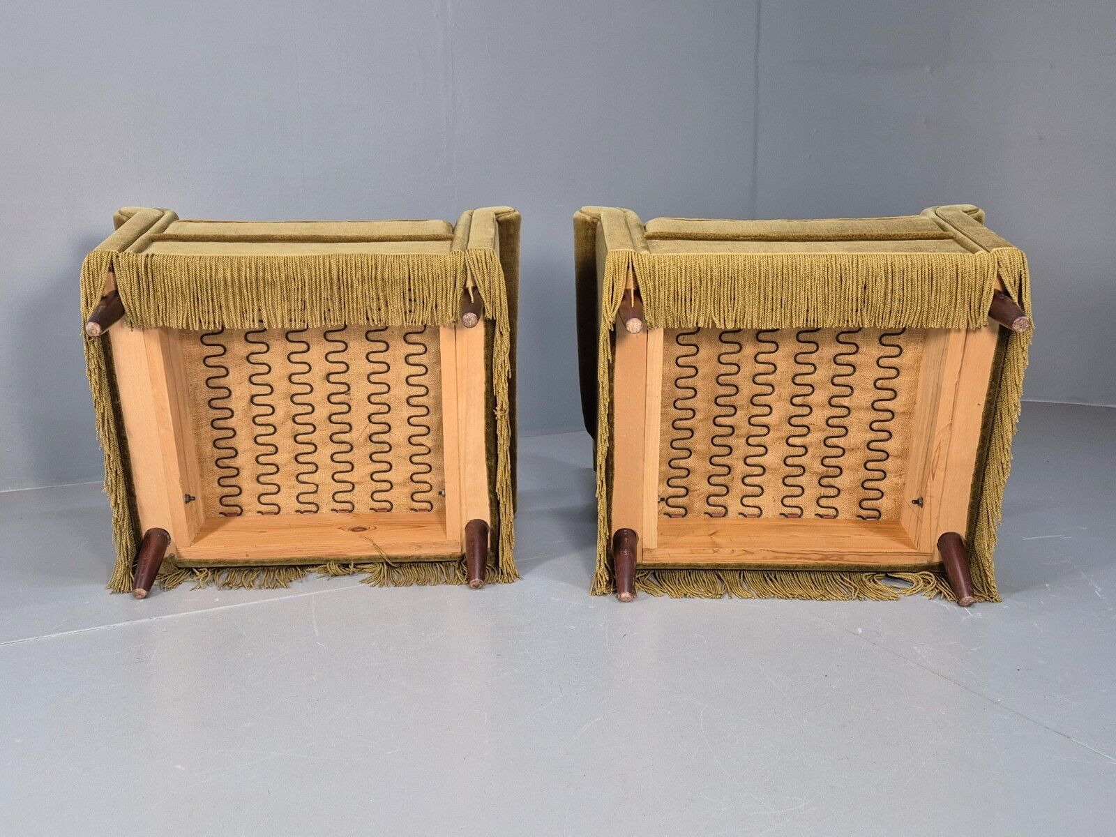 2 High and Low Back Danish Midcentury Chairs Green Velour Tassels EB8968 MNOR - UKDK FURNITURE