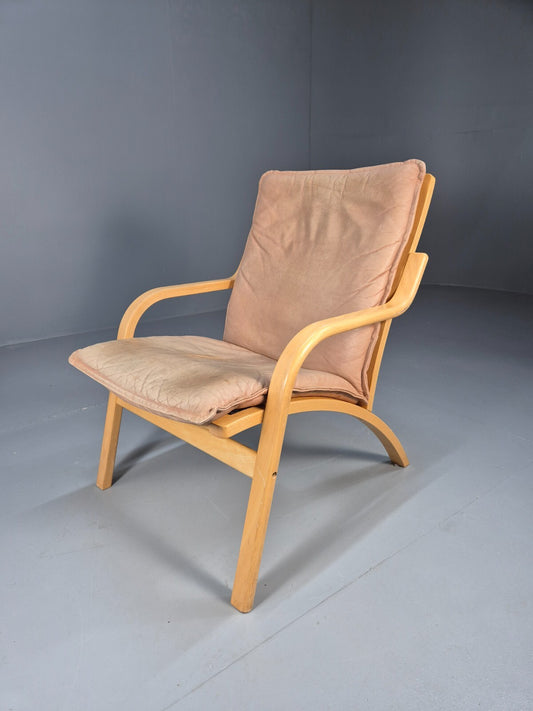 Vintage Stouby Tan Leather and Bentwood Lounge Chair 1980s Retro EB9293 MNOR - UKDK FURNITURE