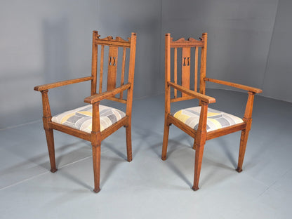 2 Arts and Crafts Elbow Chairs Oak Pierced Splat Ikea Fabric 1920s EB10717 VDIN1