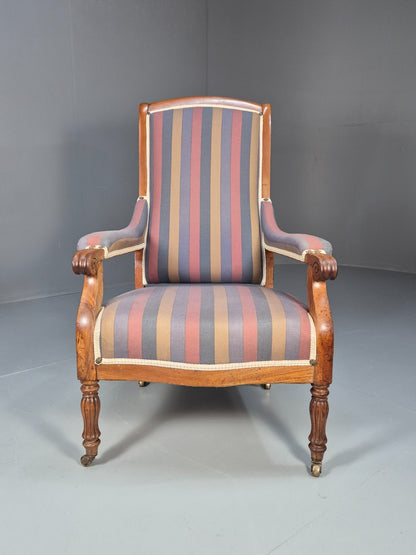 Antique Mahogany Lounge Chair Striped Cotton Upholstery EB10625 VCLO4