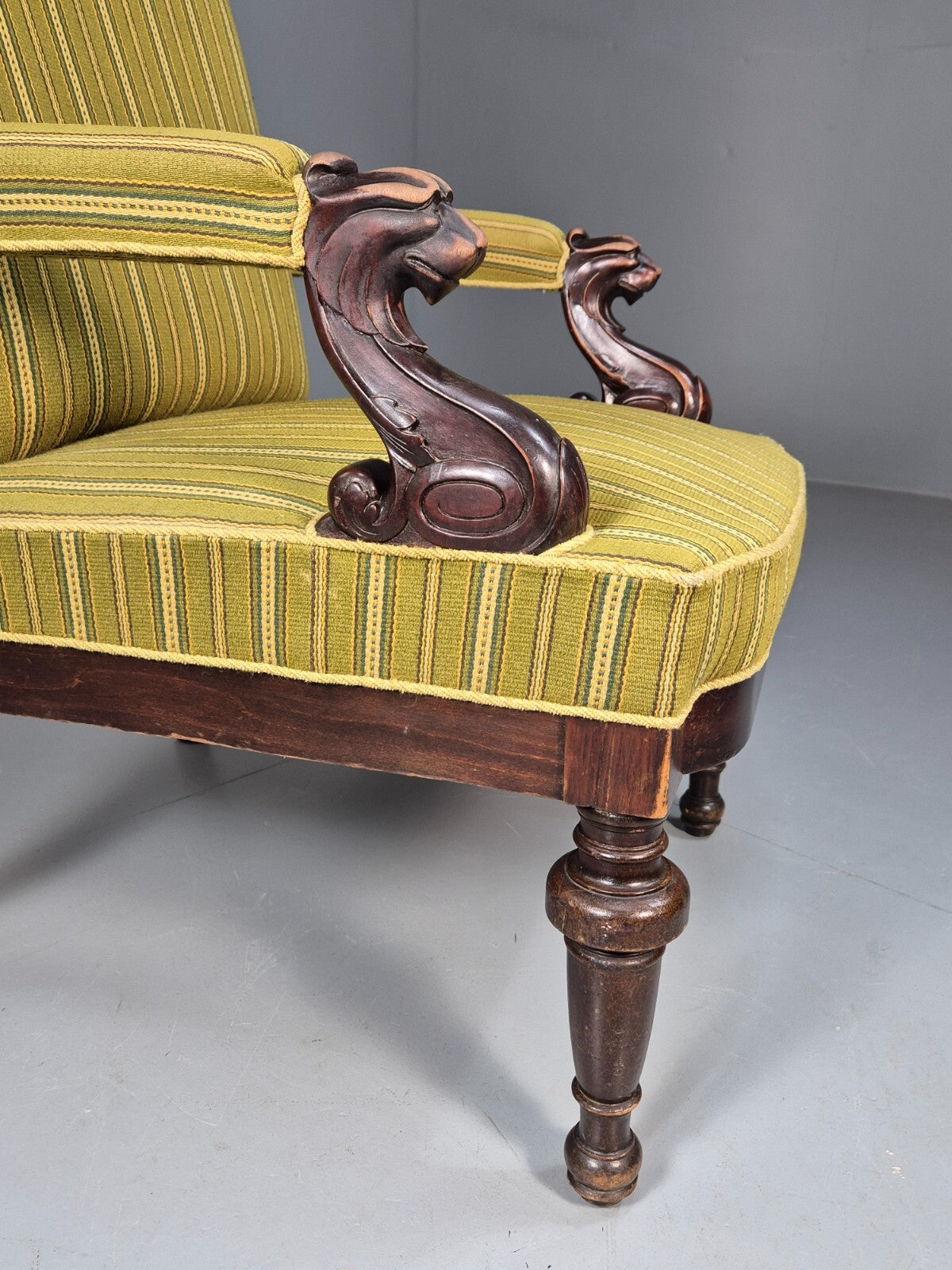 Antique Green Striped Armchair Carved Lion Figures Danish Mahogany EB9626 VCAR - UKDK FURNITURE