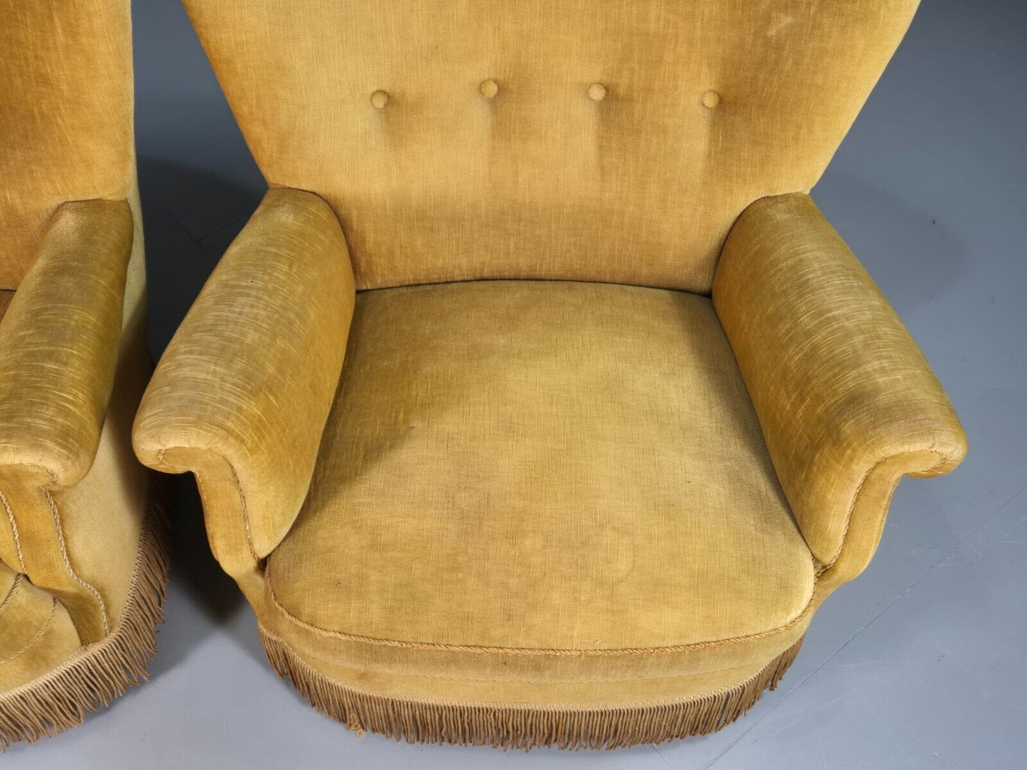Pair Of Vintage Danish Gold Velour Armchairs Tassels Art Deco Style EB8068 VCLO - UKDK FURNITURE