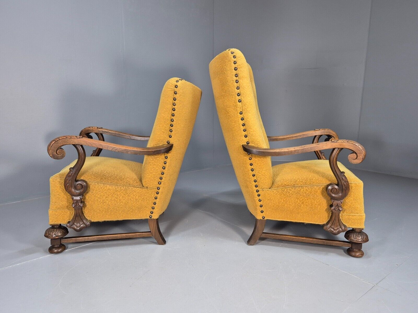 2 Vintage Baroque Armchgairs in Oak and Mustard Moquette 1940s EB9005 VCLO - UKDK FURNITURE