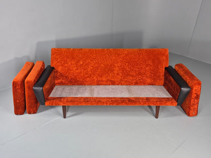 Vintage 3 Seater Sofa Vinyl Orange Velour 1960s Retro Mid Century EB11333 M3SS7