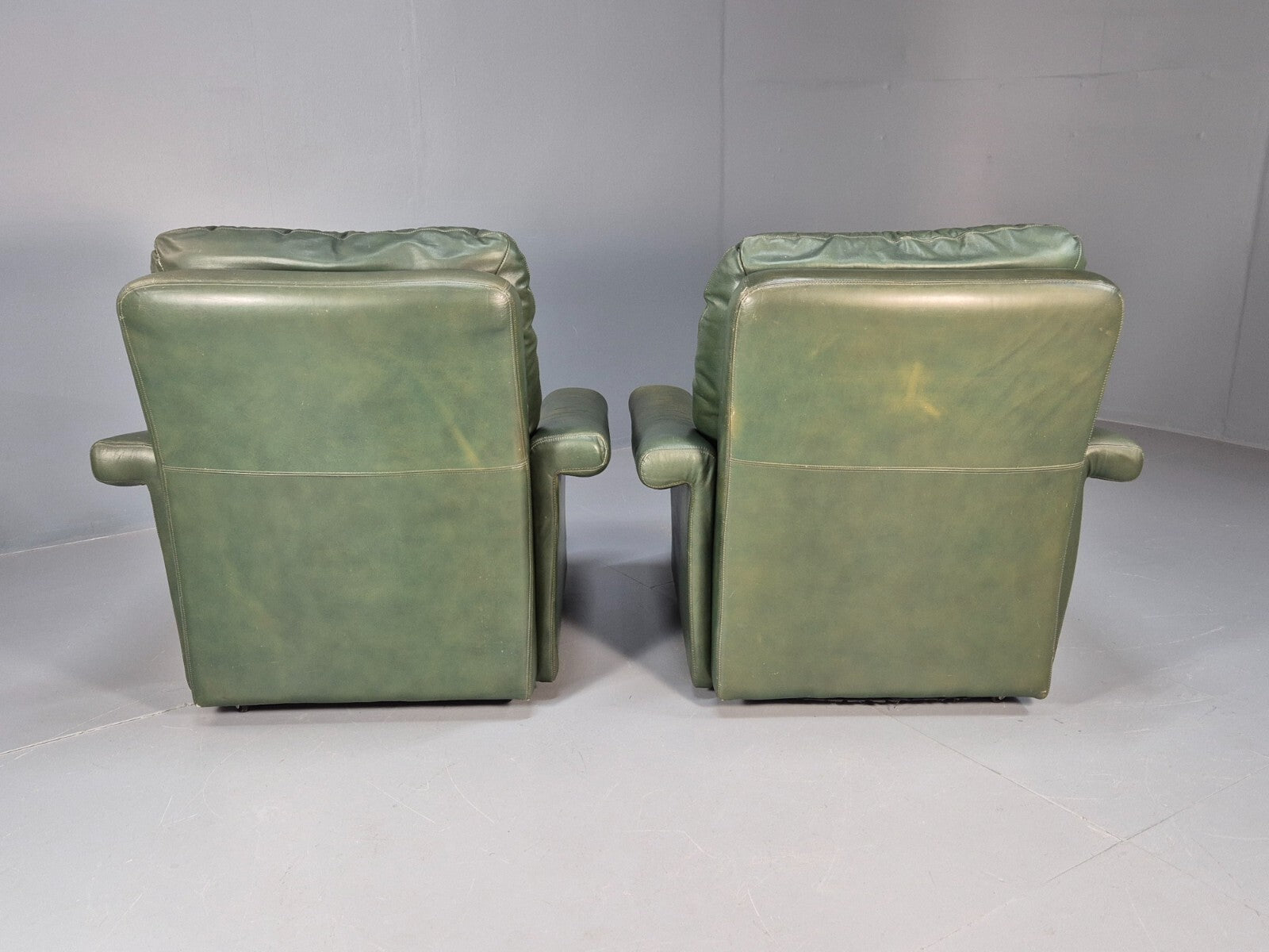 2 Vintage 1970s Green Leather Lounge Chairs Harrods Originally Retro EB9165 MNOR - UKDK FURNITURE