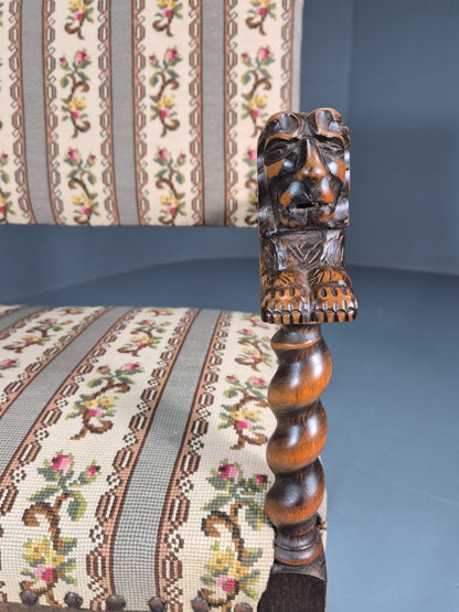 17th Century Style Carved Chair Lions Arms Barley Twist Frame 1960 EB10774 VCAR10