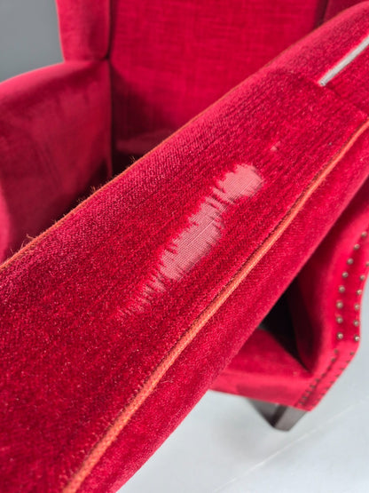 Wing Back Lounge Chair Red Velour Danish 1960s Georgian Style EB10754 VCLO5