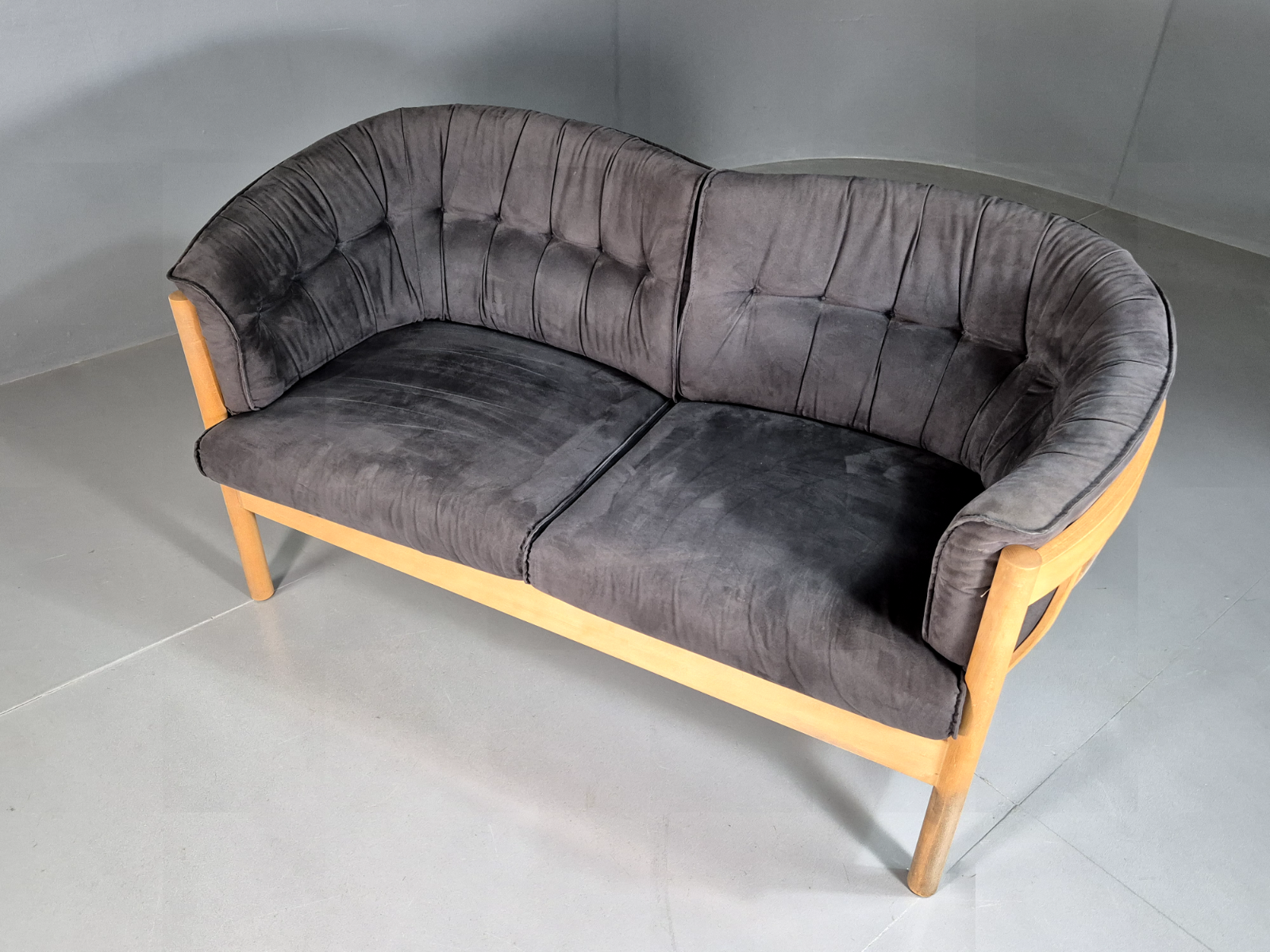 Vintage Danish 2 Seat Sofa Slate Velour Beech Frame Curved Retro MCM EB7198 M2SS - UKDK FURNITURE