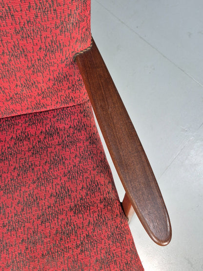 Mid Century Danish Armchair Teak Wood Red Pattern Fabric Vintage 60s EB9598 MNOR - UKDK FURNITURE