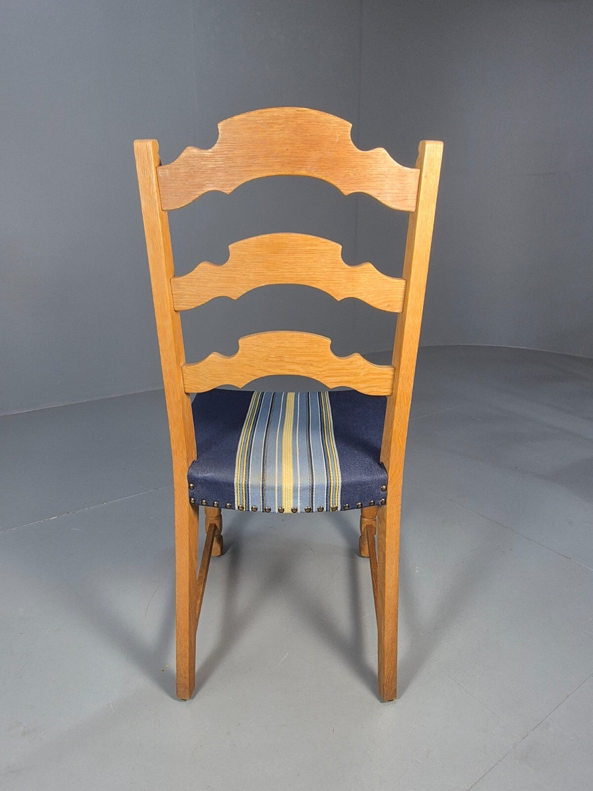 Six Oak Dining Chairs Blue Fabric Henning Kjaernulf Style Vintage EB9361 MDIN - UKDK FURNITURE