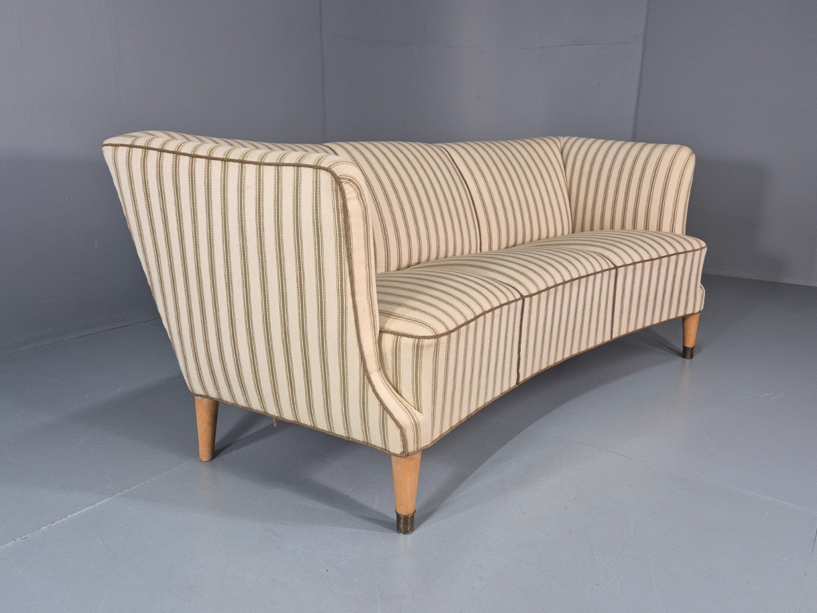 Three Seater Art Deco Curved Sofa 1930s Vintage Cream Green Wool  EB10799 V3SS8