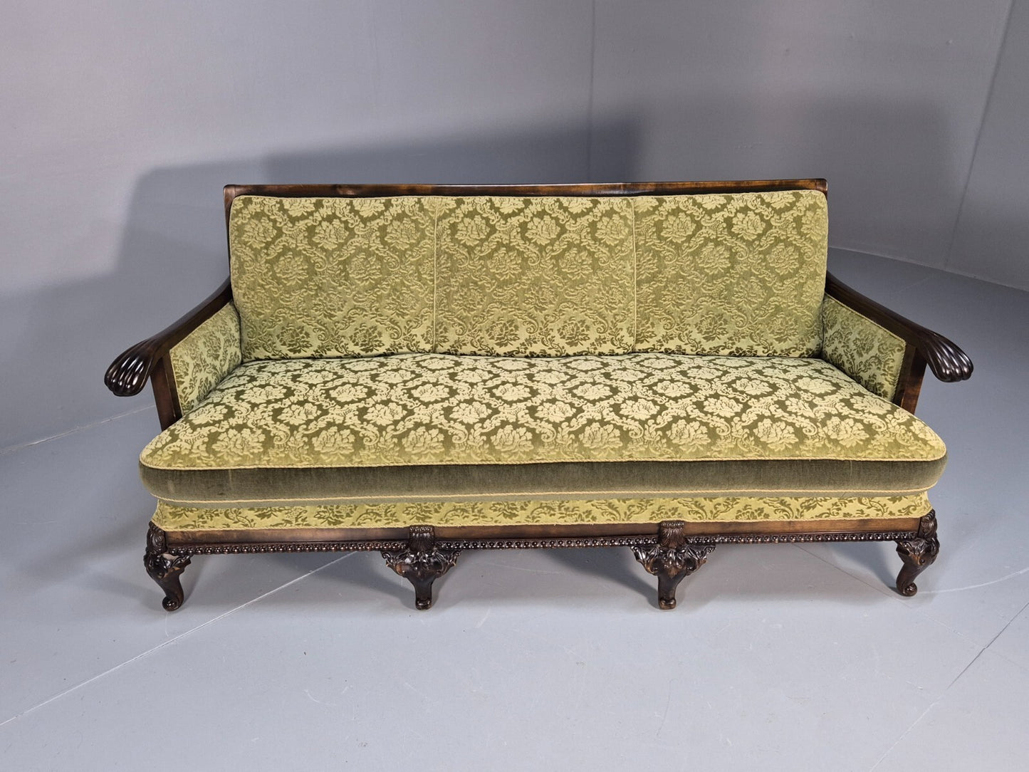 Antique Danish Baroque Style 3 Seat Sofa Green Moquette Carved Wood EB9636 V3SS - UKDK FURNITURE