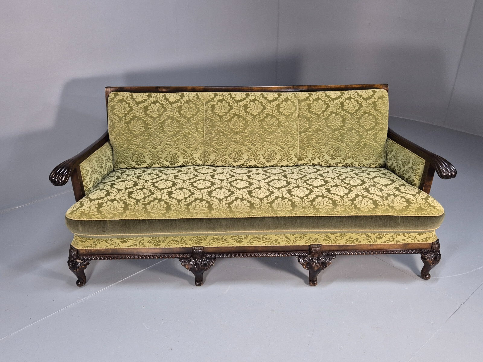 Antique Danish Baroque Style 3 Seat Sofa Green Moquette Carved Wood EB9636 V3SS - UKDK FURNITURE