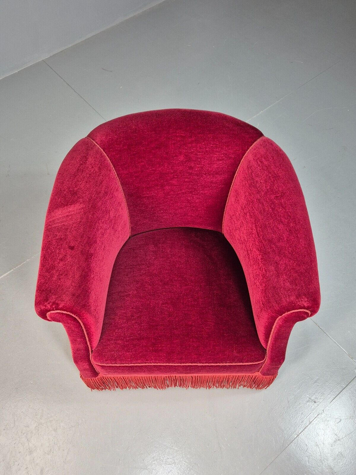 Vintage Danish Red Velour Tub Chair With Tassels Cabriole Legs EB8013 VCLO - UKDK FURNITURE