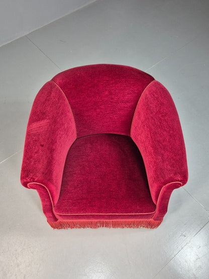 Vintage Danish Red Velour Tub Chair With Tassels Cabriole Legs EB8013 VCLO - UKDK FURNITURE