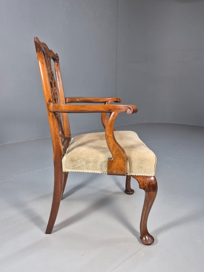 Antique Georgian Style Elbow Chair Mahogany Pad Feet Green Seat EB9387 VDIN - UKDK FURNITURE
