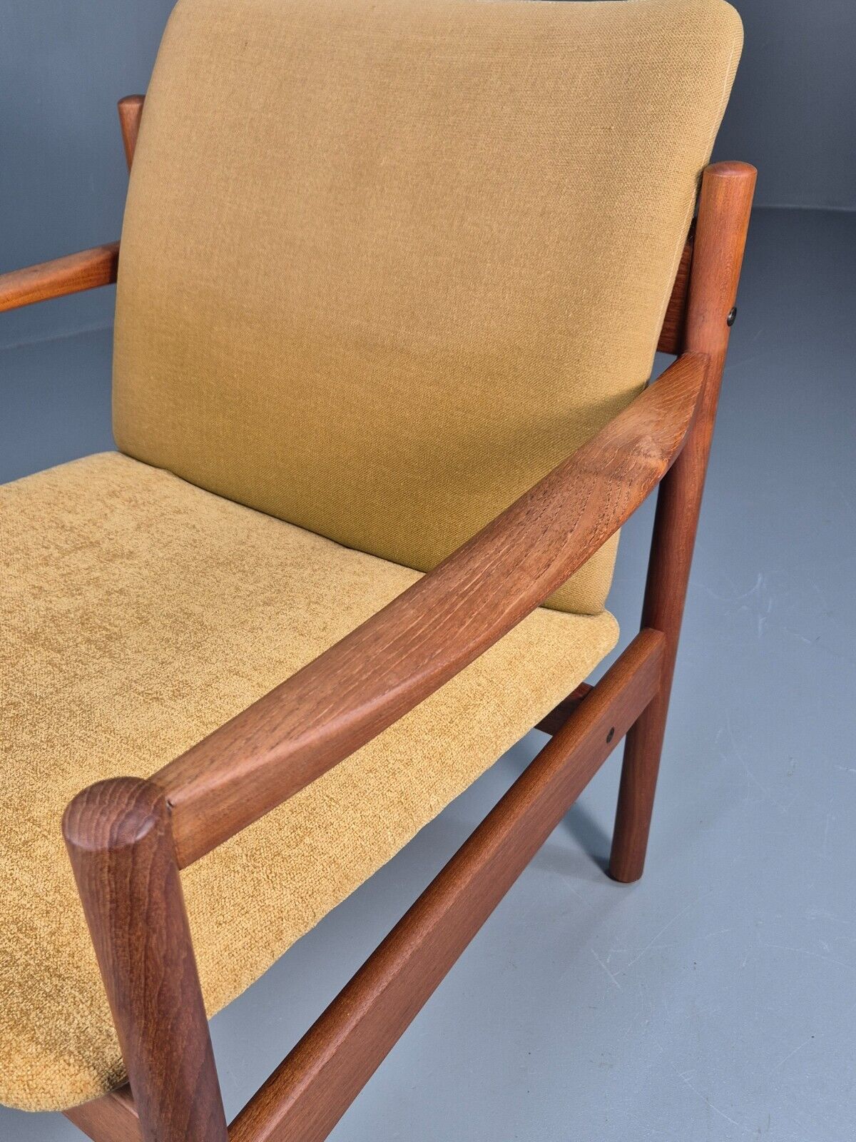 Vintage Danish Lounge Chair Yellow Cotton Teak 1960s Retro MCM EB8762 MNOR - UKDK FURNITURE