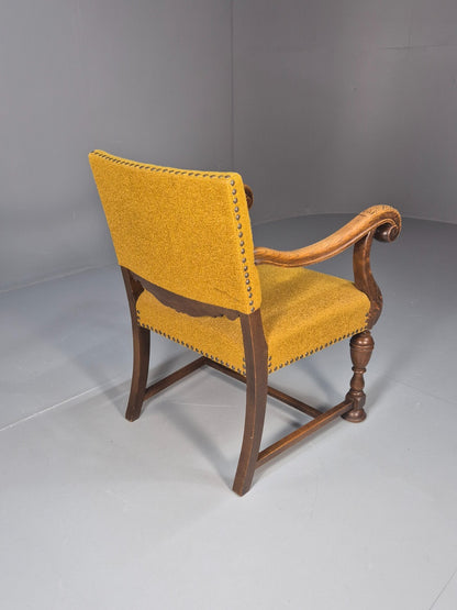 Vintage Danish Elbow Chair Yellow Carved Oak Frame 18th C Style EB9654 VCLO - UKDK FURNITURE