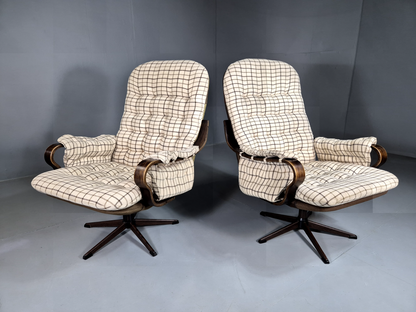 2 Vintage Swivel Chairs Cream Checkered Wool Bentwood Retro MCM EB7192 MBEN0
