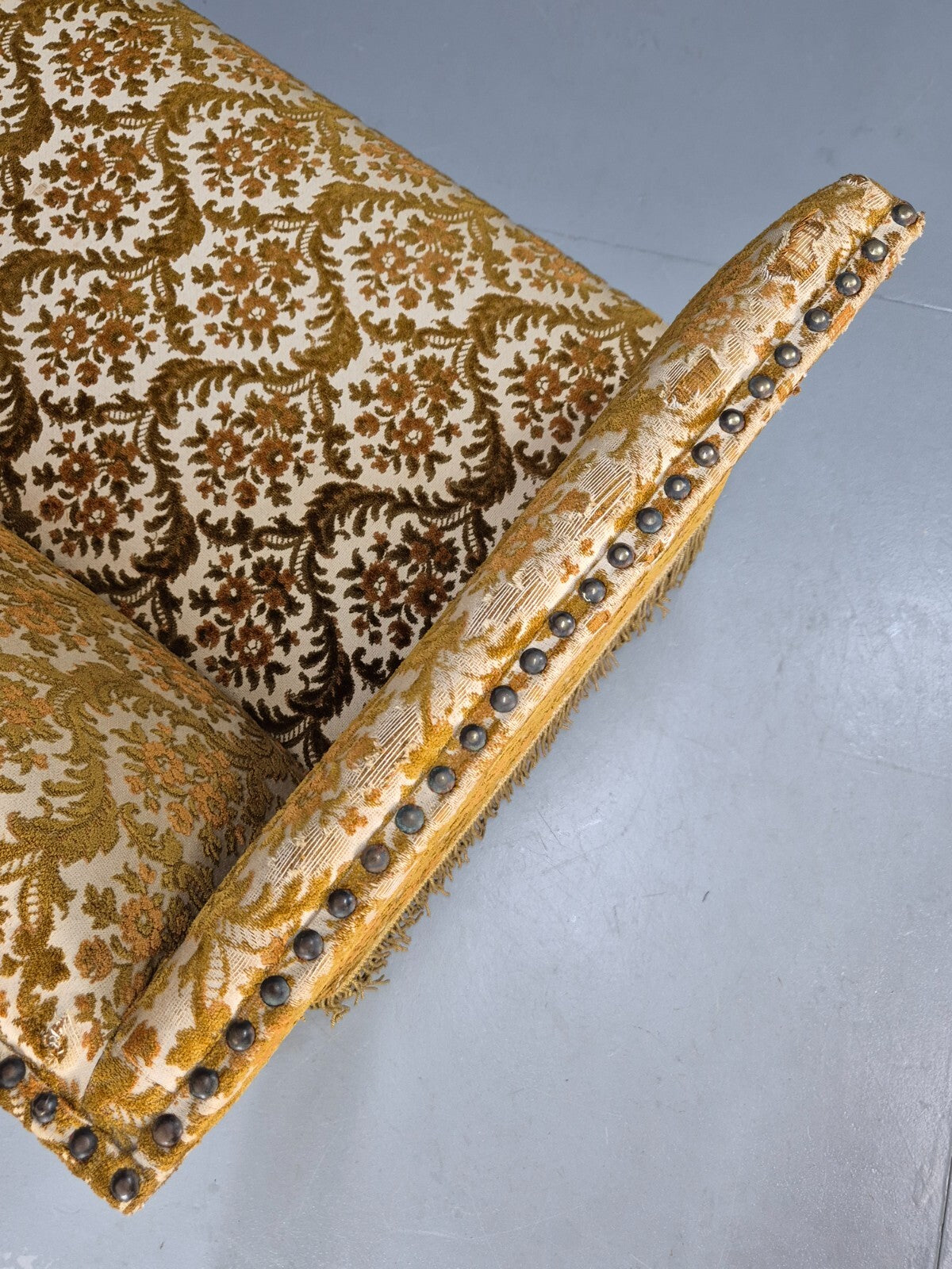 Vintage Danish 2 Seat Sofa Compact and Boxy Gold Moquette Tassels EB9588 V2SS - UKDK FURNITURE
