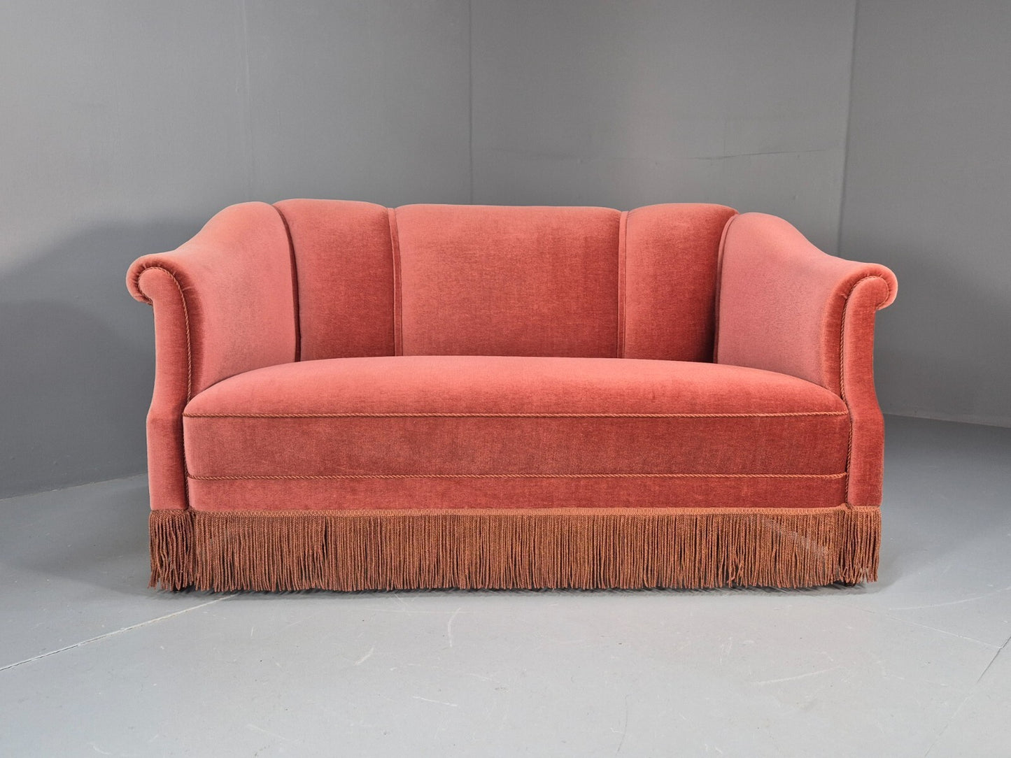 Vintage Art Deco Danish 2 Seat Sofa Pink Velour Tassels 1940s EB9666 V2SS - UKDK FURNITURE