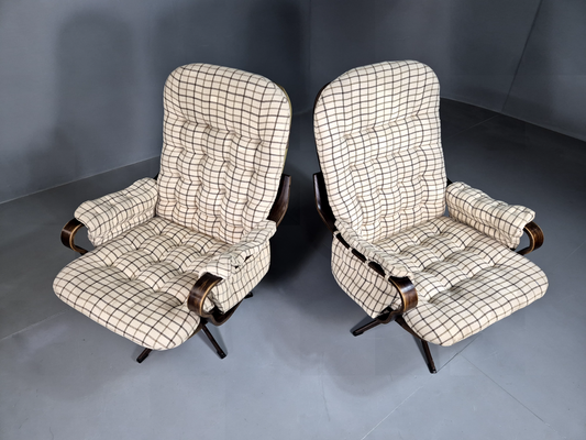 2 Vintage Swivel Chairs Cream Checkered Wool Bentwood Retro MCM EB7192 MBEN1