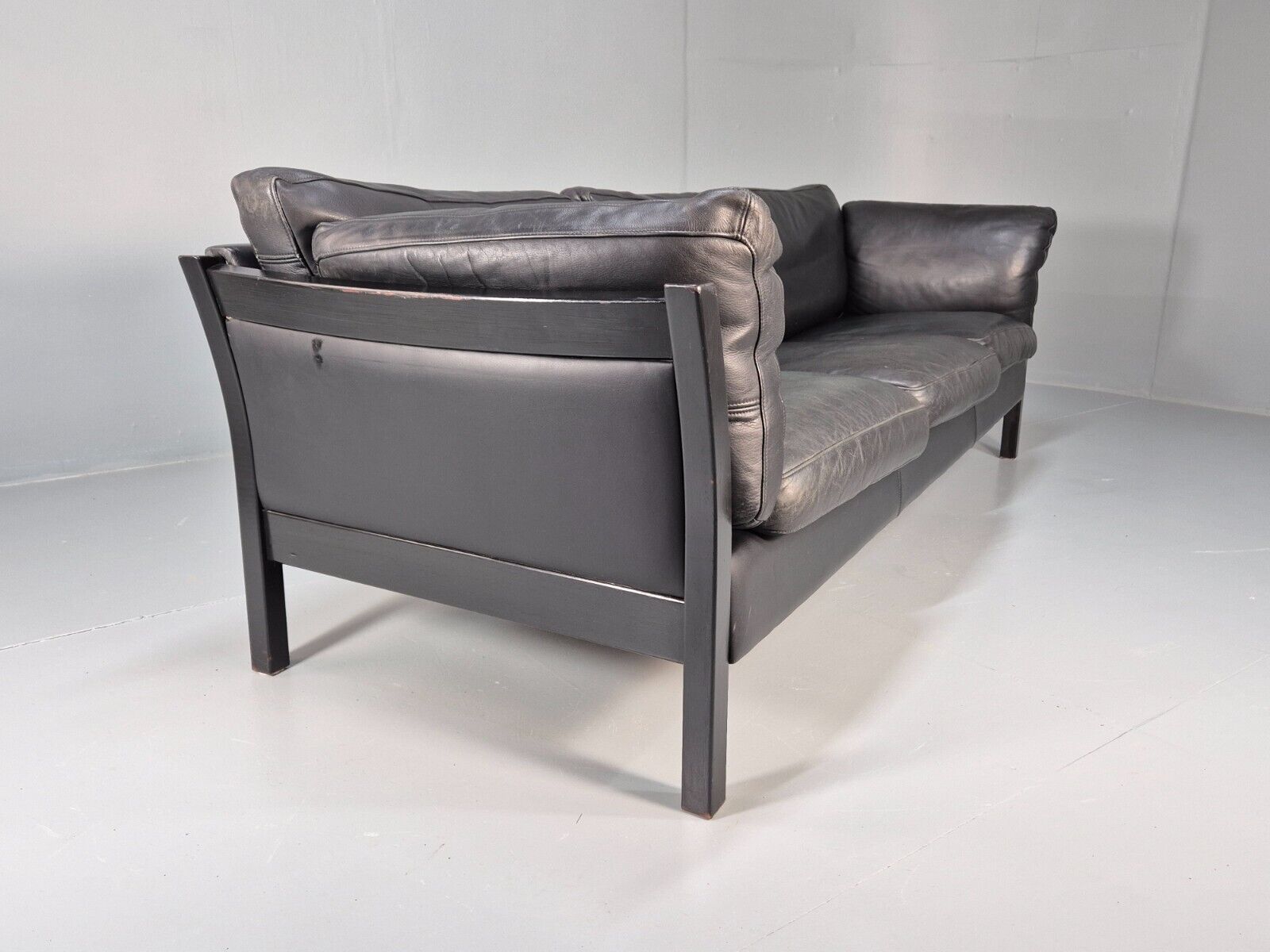 Vintage Danish 3 Seat Sofa Black leather Wood Frame Retro 1980s MCM EB8698 M3SS - UKDK FURNITURE