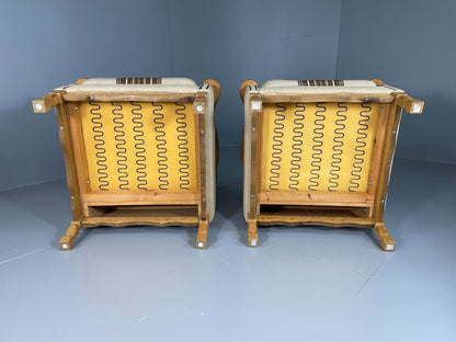 EB6491 Vintage Danish Pair of Armchairs Oak Frame Cream and Brown Fabric VCLO - UKDK FURNITURE