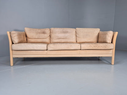 Vintage danish Tan Leather 3 Seat Sofa Wooden Ends Mogens Hansen MCM EB9083 M3SS - UKDK FURNITURE
