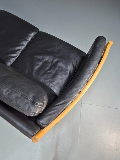 Mid Century Three Seater Sofa Beech Ends Black Leather 1980s Retro EB10399 M3SS14