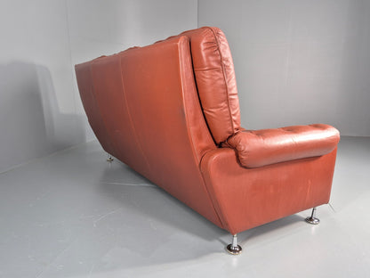 Vintage 3 seat Settee 1970s Retro Danish Red Tan Leather Buttoned EB10555 M3SS18