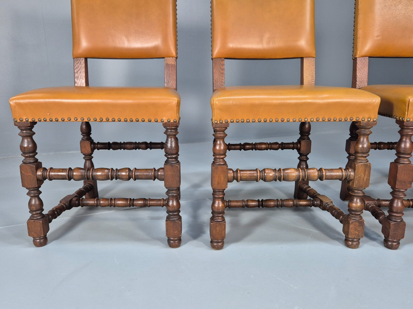 Vintage Tan Leather Dining Chairs Oak Frames 1950s Danish Design EB9660 VDIN - UKDK FURNITURE