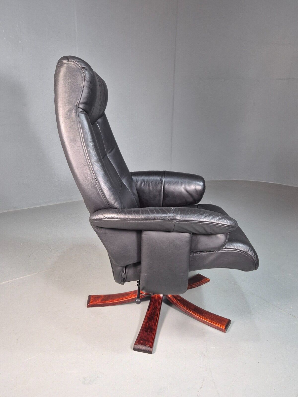 Vintage Danish Swivel Lounge Chair Black Leather Recline 1980 Retro EB8249 MSWI - UKDK FURNITURE