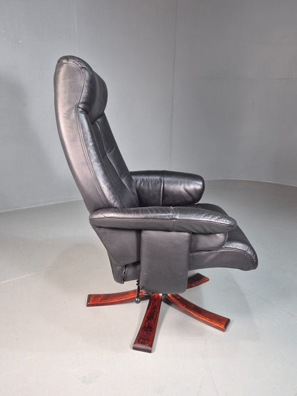Vintage Danish Swivel Lounge Chair Black Leather Recline 1980 Retro EB8249 MSWI - UKDK FURNITURE