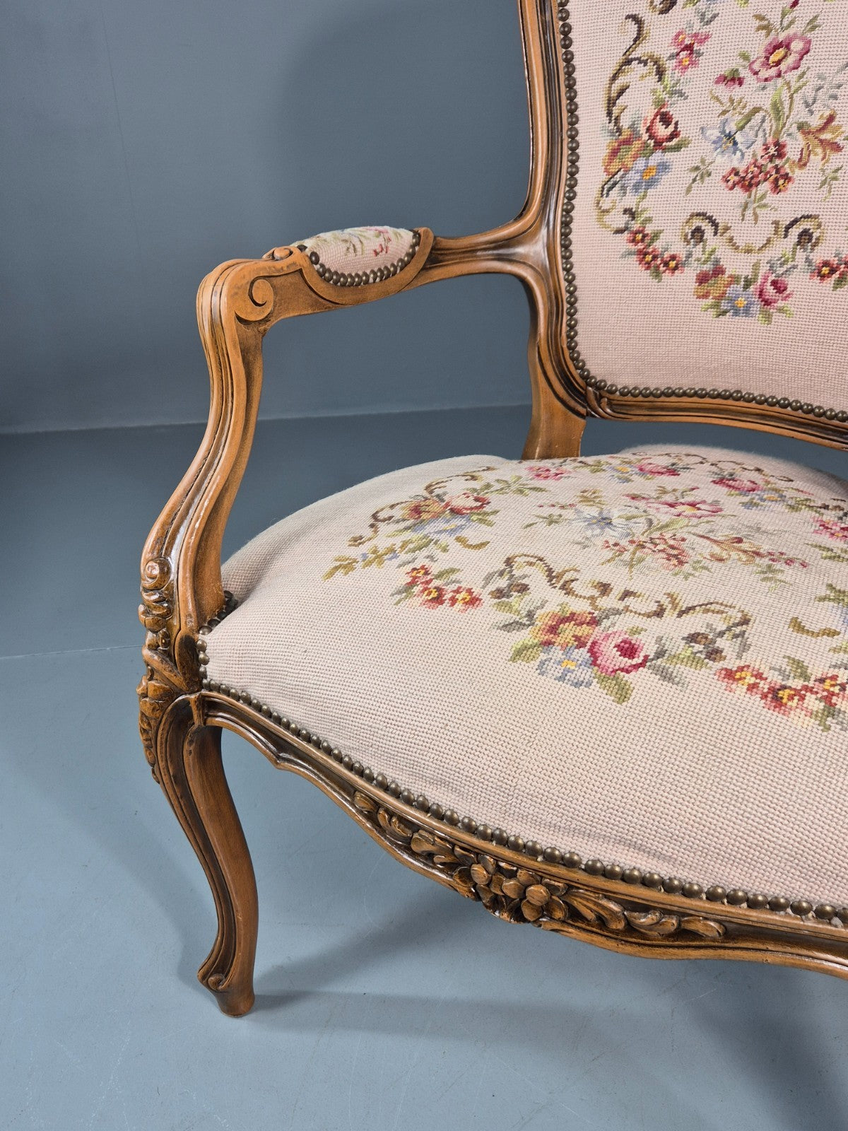 French Rococo Fauteuil Chair Floral Embroidered 1960s Retro EB10777 VDIN4