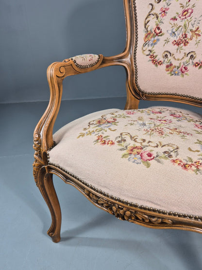 French Rococo Fauteuil Chair Floral Embroidered 1960s Retro EB10777 VDIN4