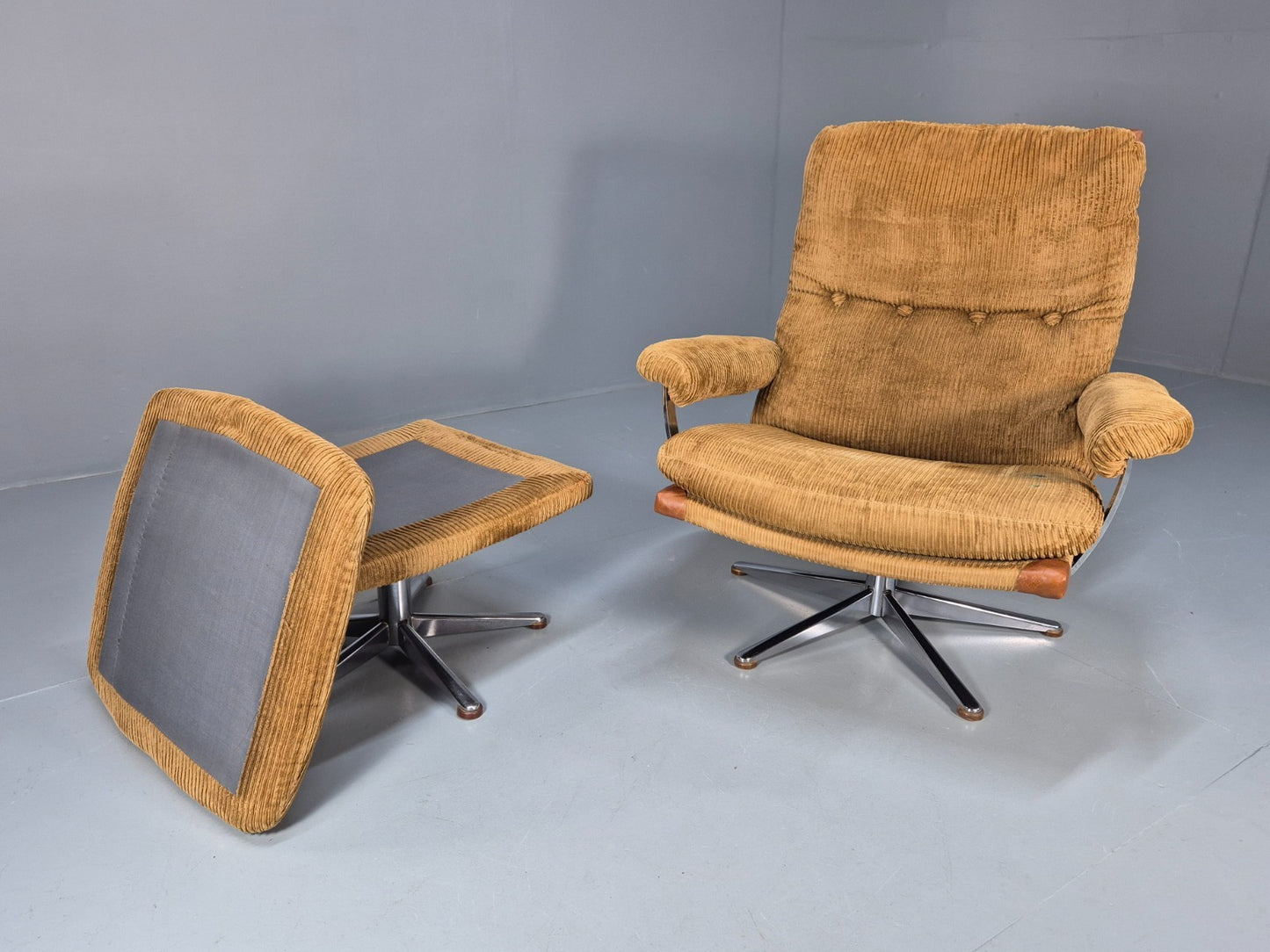 1970s Swivel Chair and Footstool Gold Corduroy Chrome Danish Elu EB10688 MSWI9