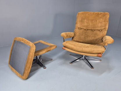 1970s Swivel Chair and Footstool Gold Corduroy Chrome Danish Elu EB10688 MSWI9