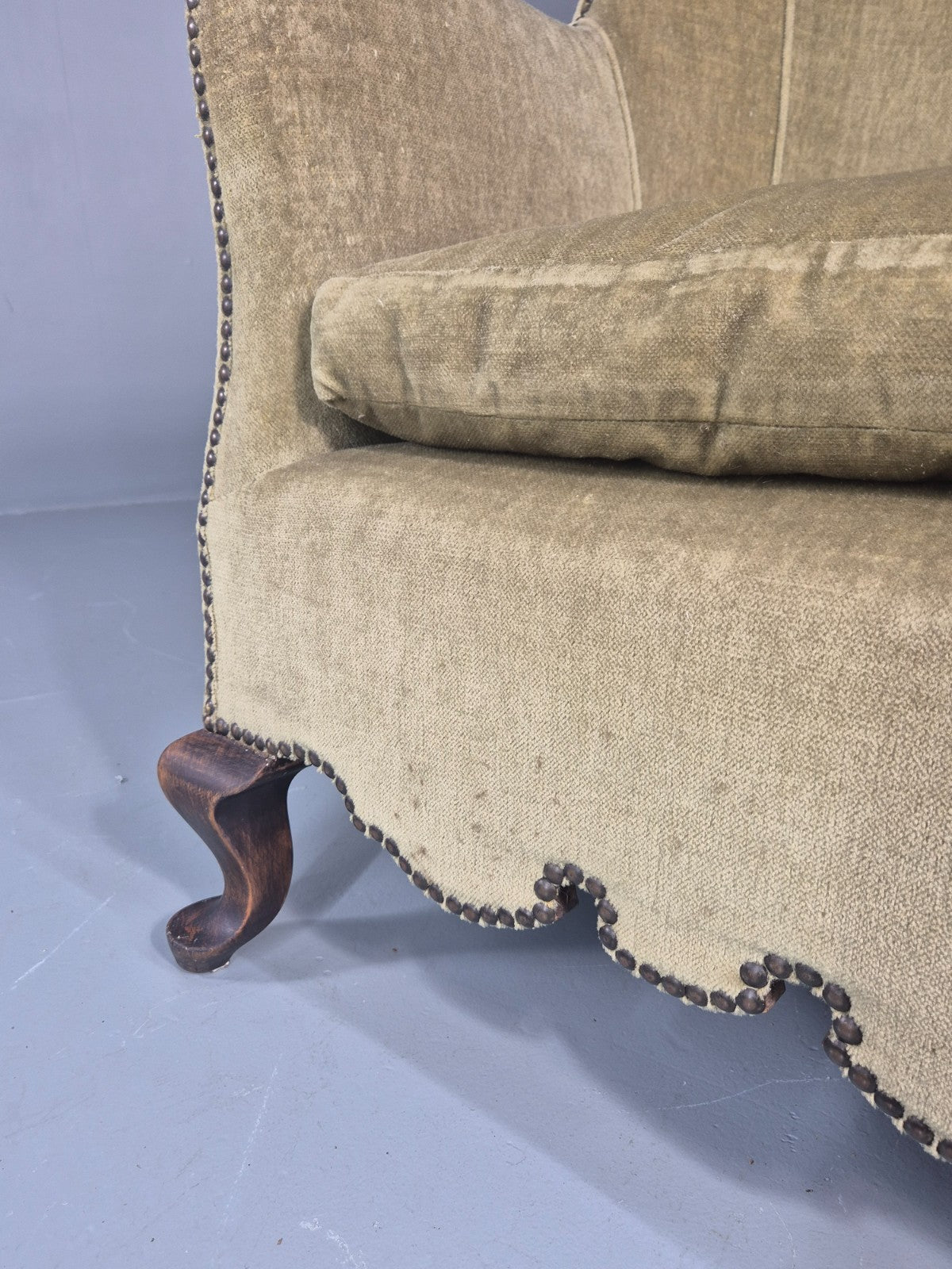 Danish Deco Lounge Chair 1930s Green Velour Stud Work Cabriole Leg EB11298 VCLO15