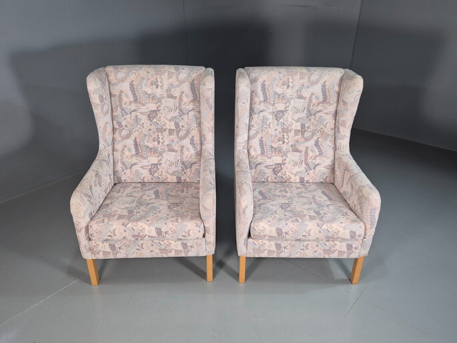2 Vintage Danish Wing Back Lounge Chairs Cotton 1980s Fabric Retro EB8289 MNOR - UKDK FURNITURE